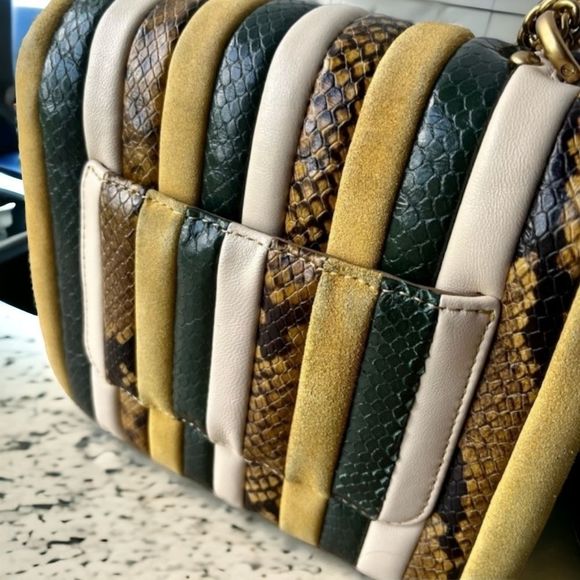 Tory Burch Striped Yellow Green Cream Snakeskin Chain Crossbody Bag - Picture 5 of 16